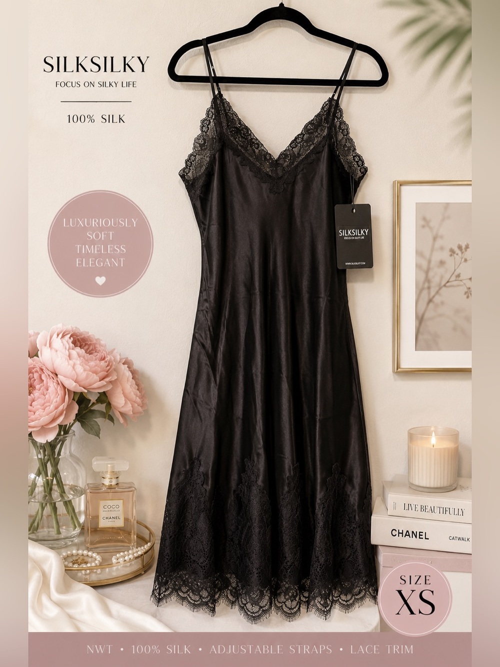 NWT SilkSilky 100% Silk Lace Trim Slip Dress Nightgown Black XS